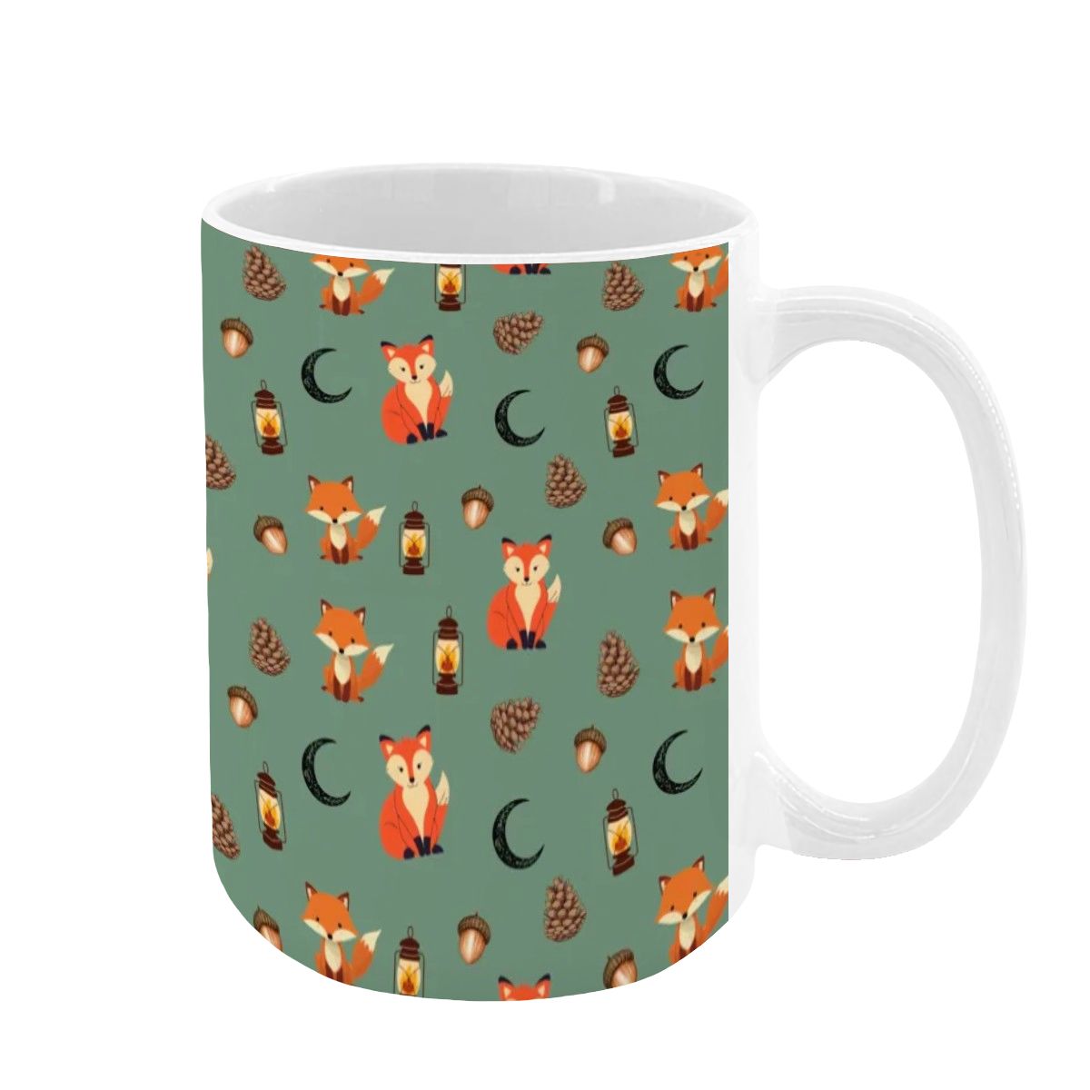 "Foxlight Trail" 15oz Mug – Whimsical Fox & Forest Lanterns on Muted Green | Woodland Coffee Cup by Rabbit Haven
