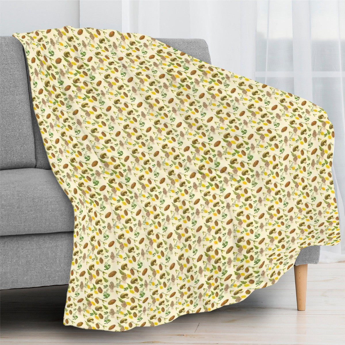 "Forest Forager" Blanket – Cream Fleece Throw with Mushrooms, Pinecones & Ferns, Cozy Woodland Nature Decor Gift