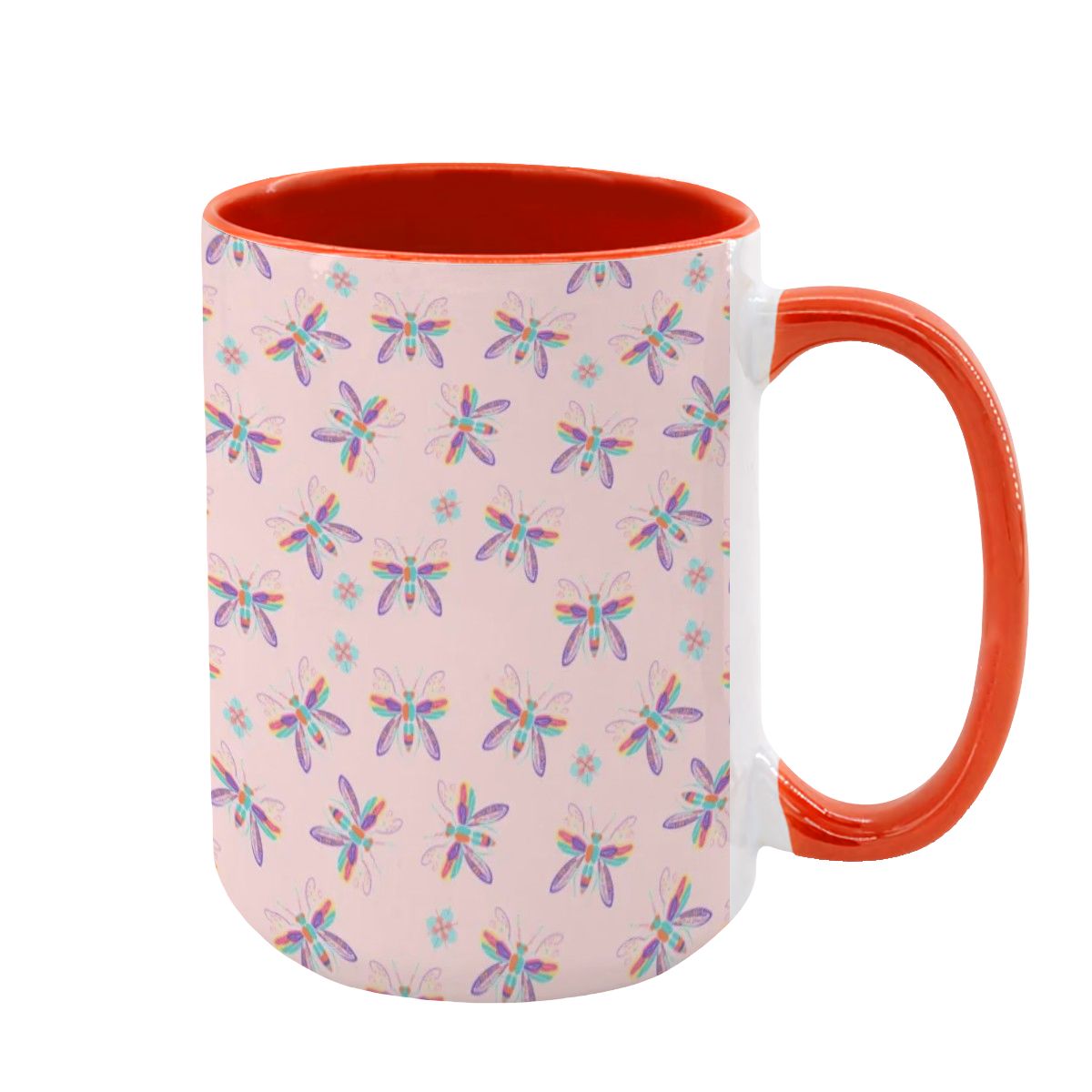 “Iridescent Flight” 15oz Mug – Dragonfly Print, Pink Background, Large Coffee Cup, Whimsical Nature Gift