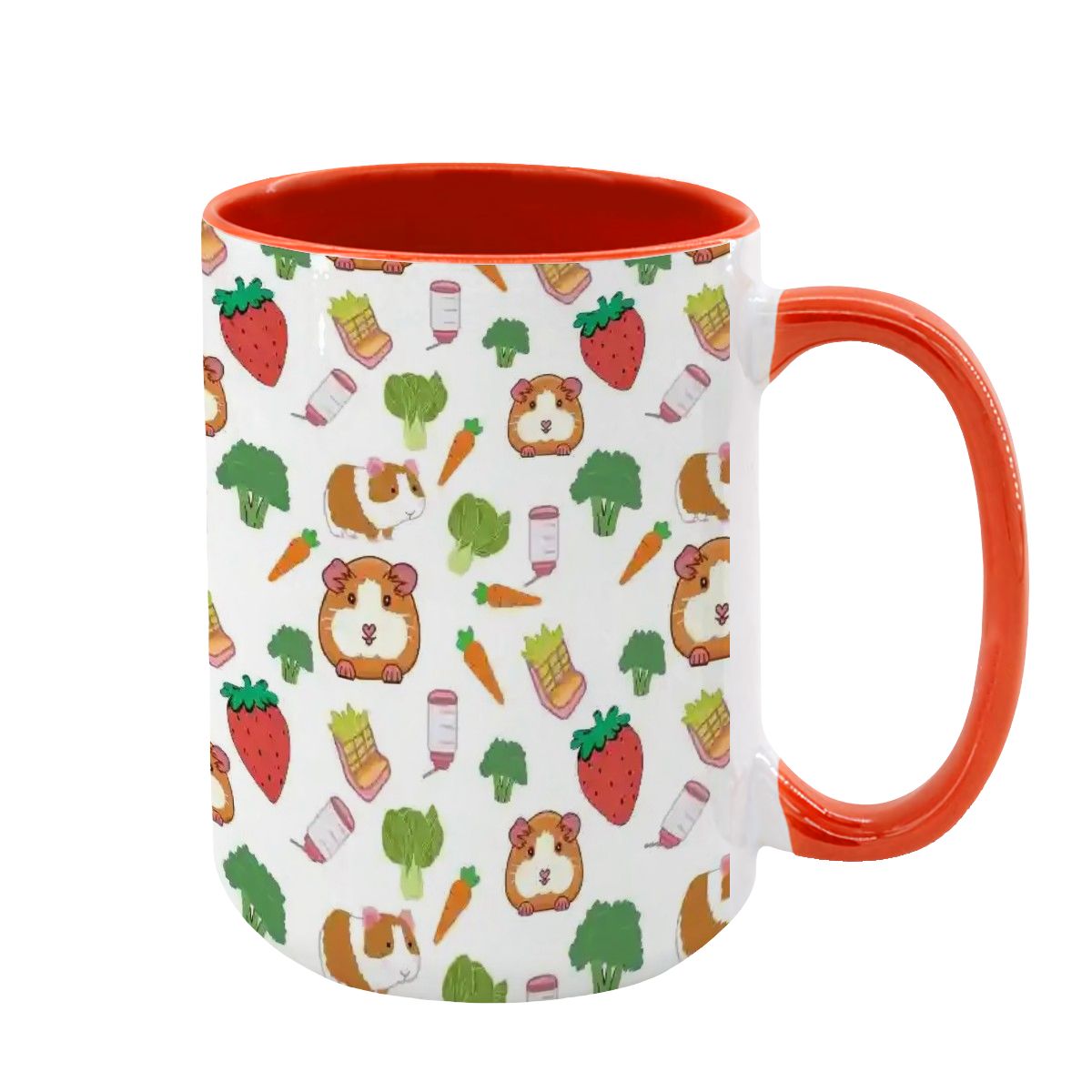 “Guinea Pig Picnic” 15oz Mug – Cute Guinea Pig, Veggies & Feeding Dishes Pattern, Large Coffee Cup, Pet Lover Gift