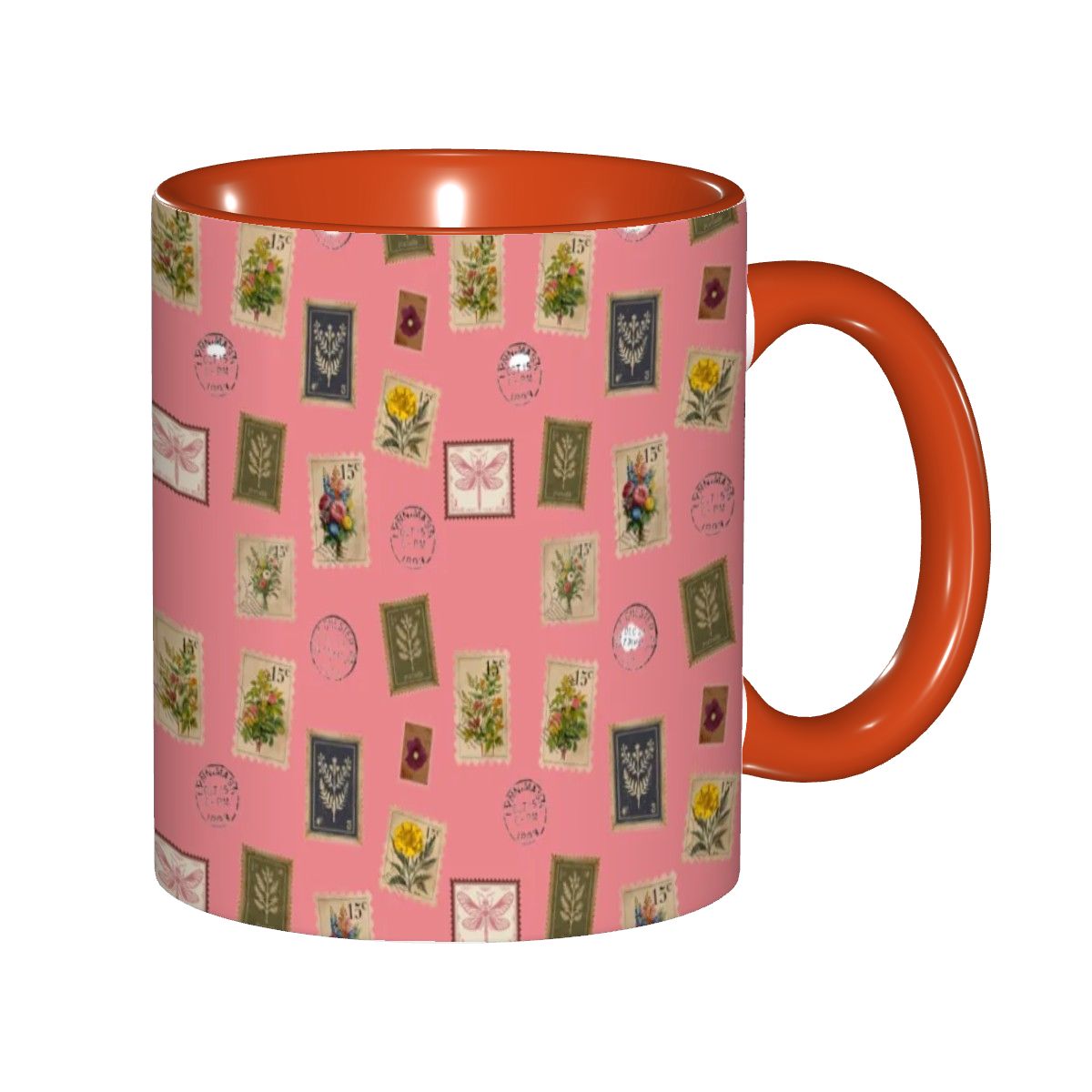 "Garden Postage"11oz Mug – Vintage Botanical Stamp Print on Pastel Rose | Floral Coffee Cup by Rabbit Haven