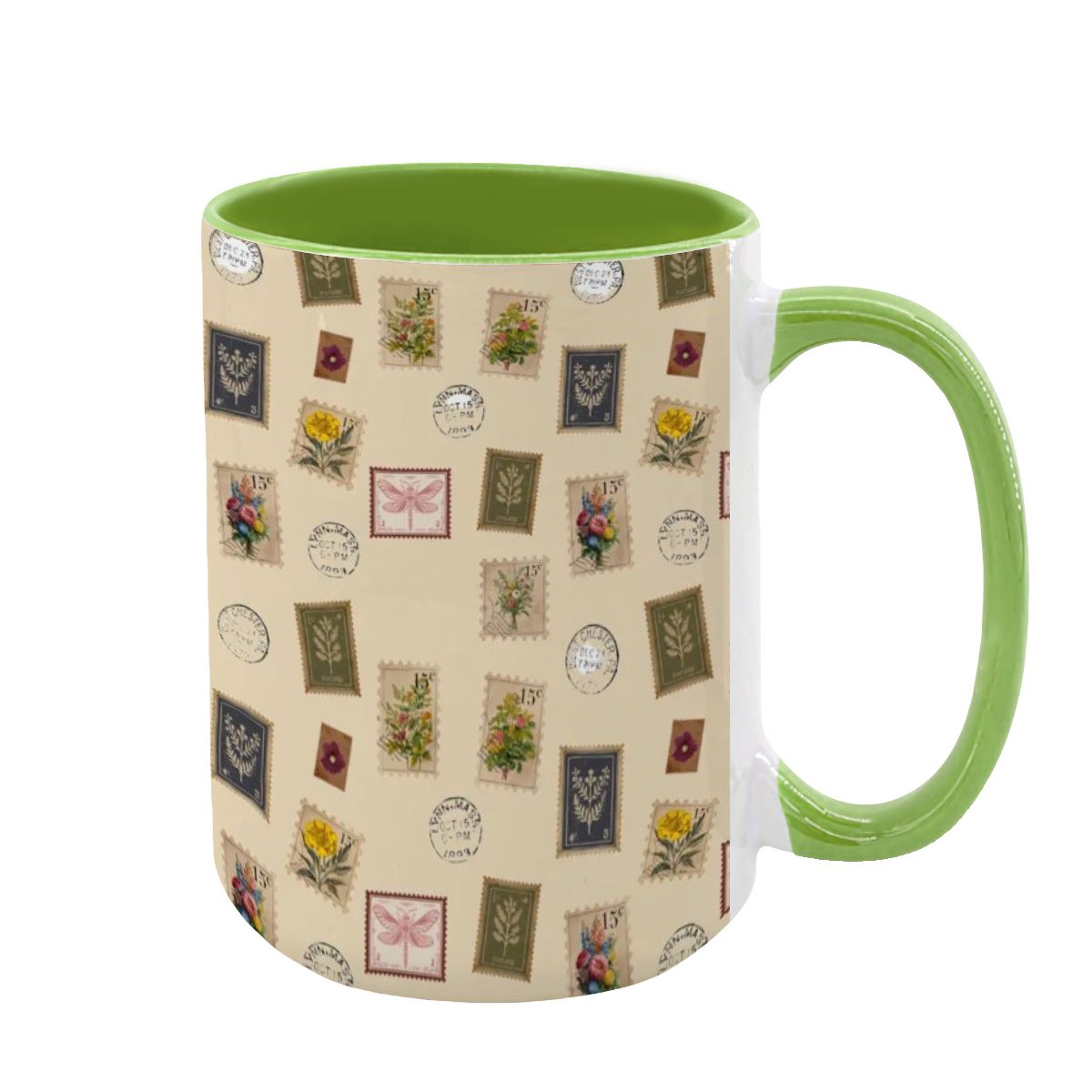 "Garden Postage" 15oz Mug – Vintage Botanical Stamp Print on Cream | Large Floral Coffee Cup by Rabbit Haven