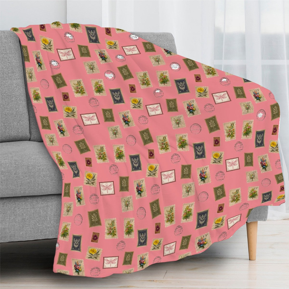 "Garden Postage" Blanket – Vintage Botanical Stamps on Pastel Rose | Cozy Floral Throw by Rabbit Haven