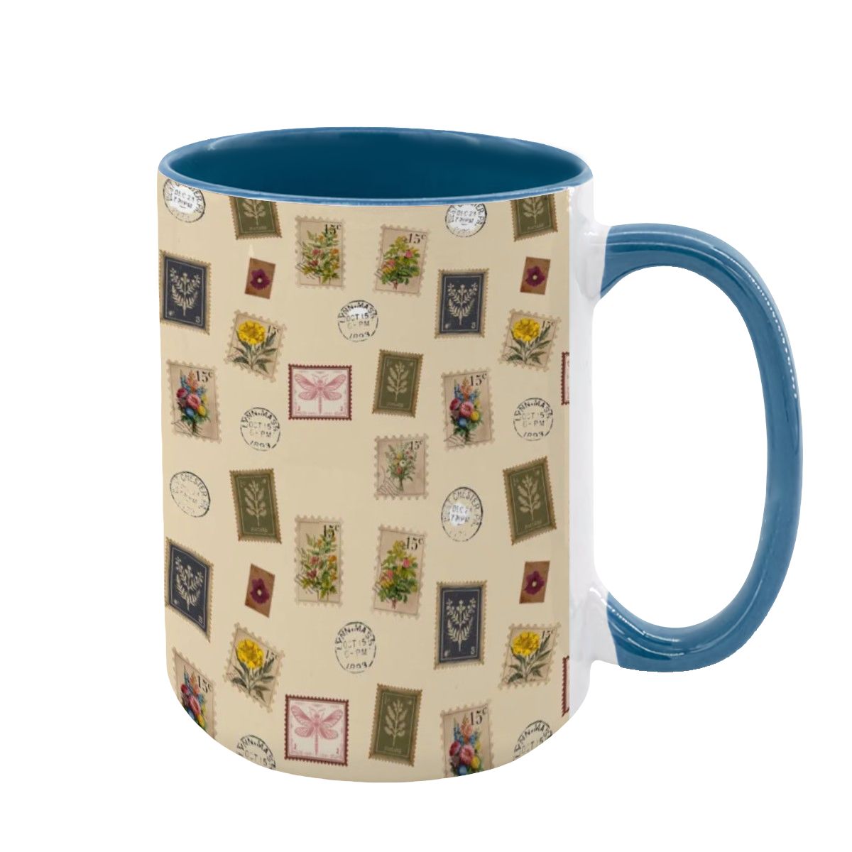 "Garden Postage" 15oz Mug – Vintage Botanical Stamp Print on Cream | Large Floral Coffee Cup by Rabbit Haven