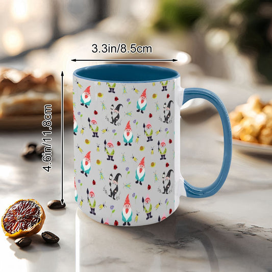 “Gnome Trails” 15oz Mug – Whimsical Gnome Pattern, Large Coffee Cup, Grey Background, Woodland Forest Gift