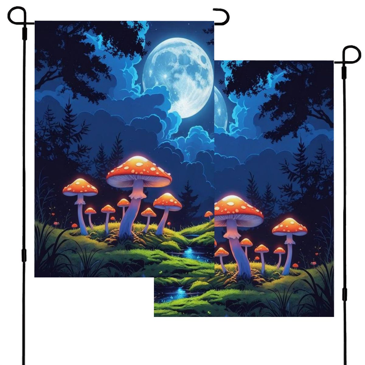 Lunar Mushrooms Garden Flag – Glowing Mushrooms and Full Moon Yard Banner
