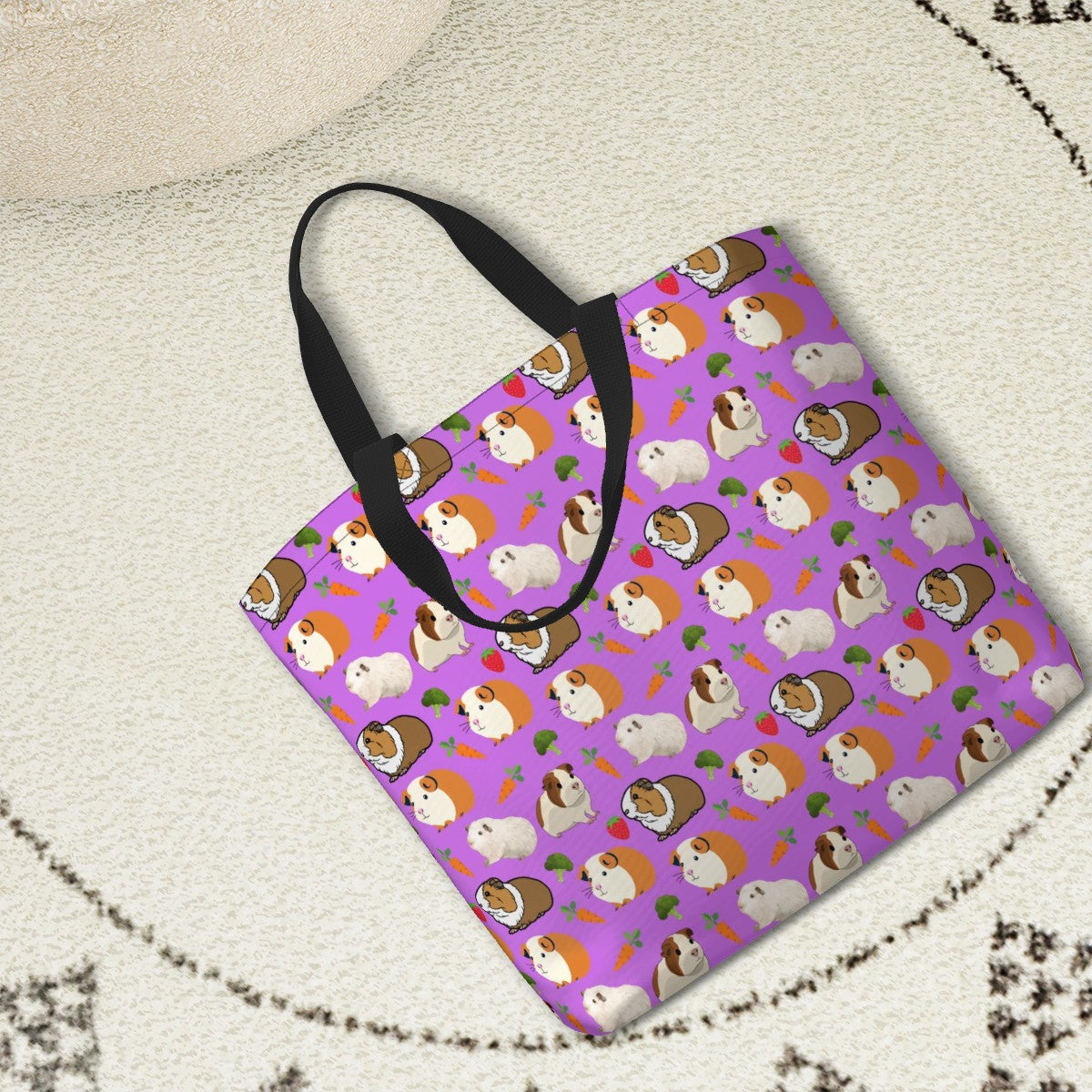 “Cavy Crew” Shoulder Bag – Cute Guinea Pig Pattern, Purple Background, Large Zip-Top Purse, Animal Lover Gift