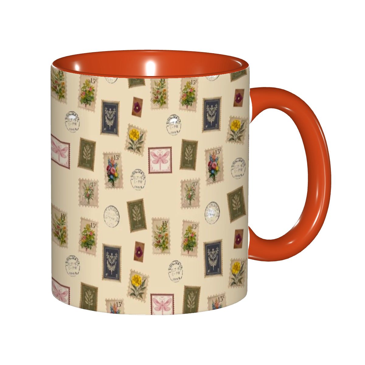 "Garden Postage"11oz Mug – Vintage Botanical Stamp Print on Cream | Floral Coffee Cup by Rabbit Haven