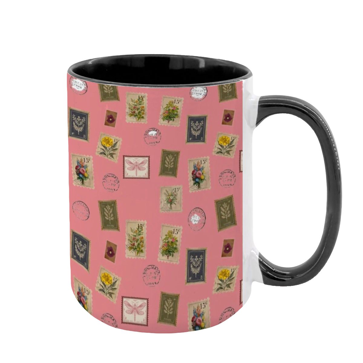 "Garden Postage" 15oz Mug – Vintage Botanical Stamp Print on Pastel Rose | Large Floral Coffee Cup by Rabbit Haven