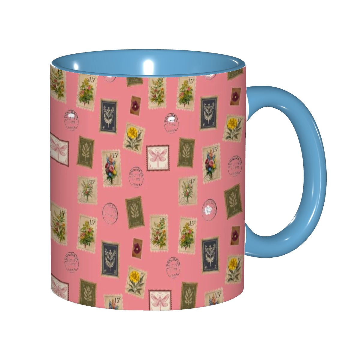 "Garden Postage"11oz Mug – Vintage Botanical Stamp Print on Pastel Rose | Floral Coffee Cup by Rabbit Haven