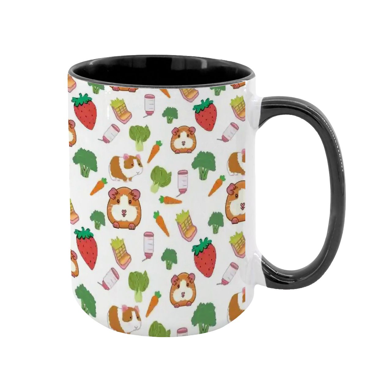 “Guinea Pig Picnic” 15oz Mug – Cute Guinea Pig, Veggies & Feeding Dishes Pattern, Large Coffee Cup, Pet Lover Gift