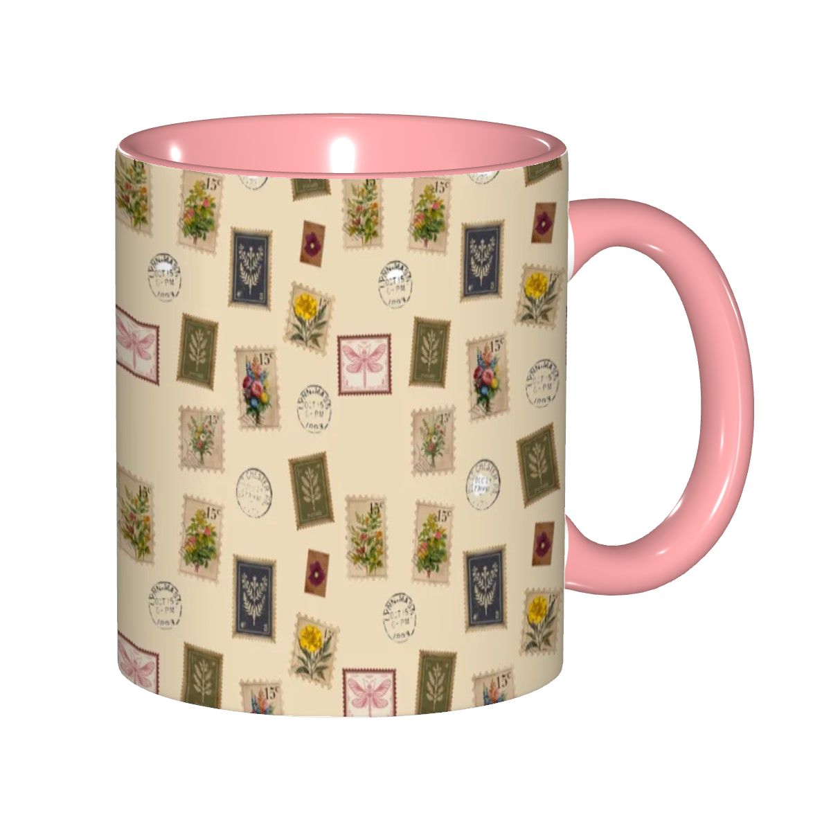 "Garden Postage"11oz Mug – Vintage Botanical Stamp Print on Cream | Floral Coffee Cup by Rabbit Haven