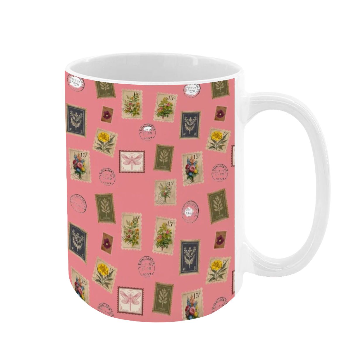 "Garden Postage" 15oz Mug – Vintage Botanical Stamp Print on Pastel Rose | Large Floral Coffee Cup by Rabbit Haven