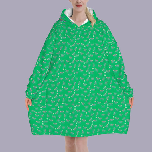 "Iridescent Flight" Green Blanket Hoodie – Cozy Whimsical Loungewear with Dragonflies