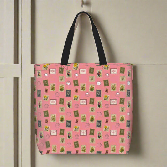 "Garden Postage" Shoulder Bag – Vintage Botanical Stamp Print on Pastel Rose | Floral Bag by Rabbit Haven
