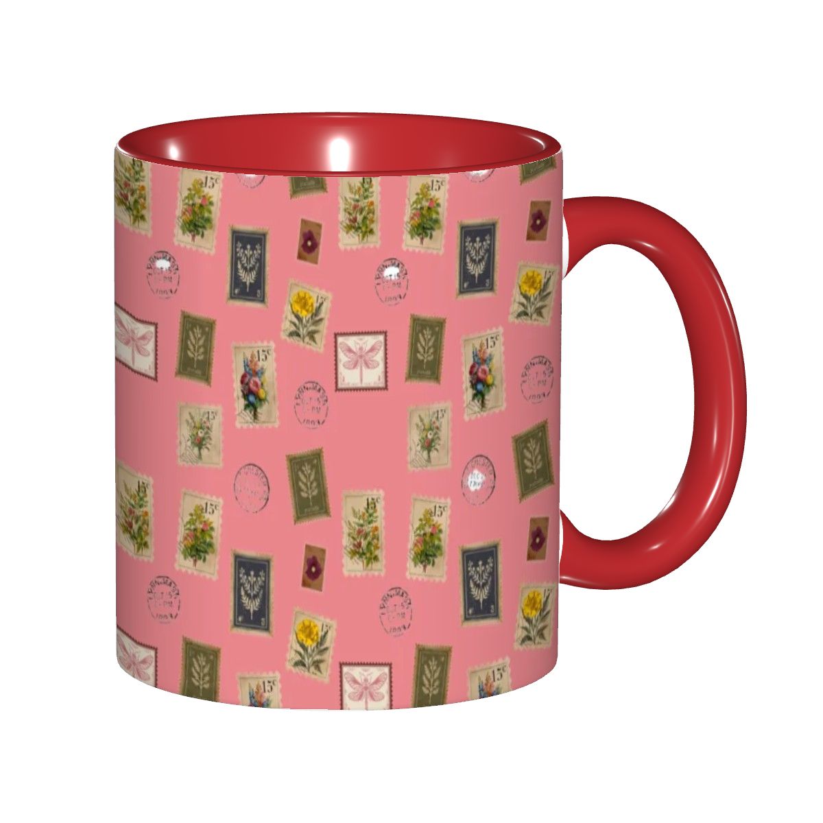 "Garden Postage"11oz Mug – Vintage Botanical Stamp Print on Pastel Rose | Floral Coffee Cup by Rabbit Haven