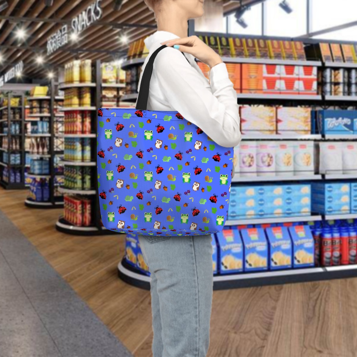 Forest Frolic Blue Shoulder Bag – Cute Woodland Animal All-Over Print Tote with Frogs, Ladybugs & More
