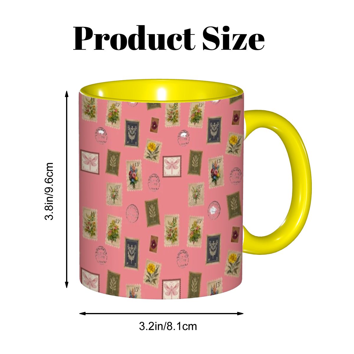 "Garden Postage"11oz Mug – Vintage Botanical Stamp Print on Pastel Rose | Floral Coffee Cup by Rabbit Haven