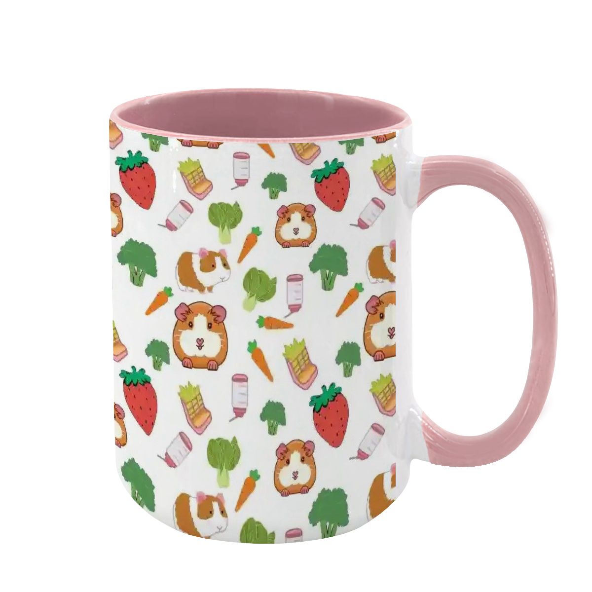 “Guinea Pig Picnic” 15oz Mug – Cute Guinea Pig, Veggies & Feeding Dishes Pattern, Large Coffee Cup, Pet Lover Gift