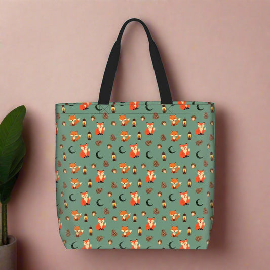 "Foxlight Trail" Shoulder Bag – Whimsical Foxes & Lanterns on Muted Forest Green | Woodland Market Bag by Rabbit Haven
