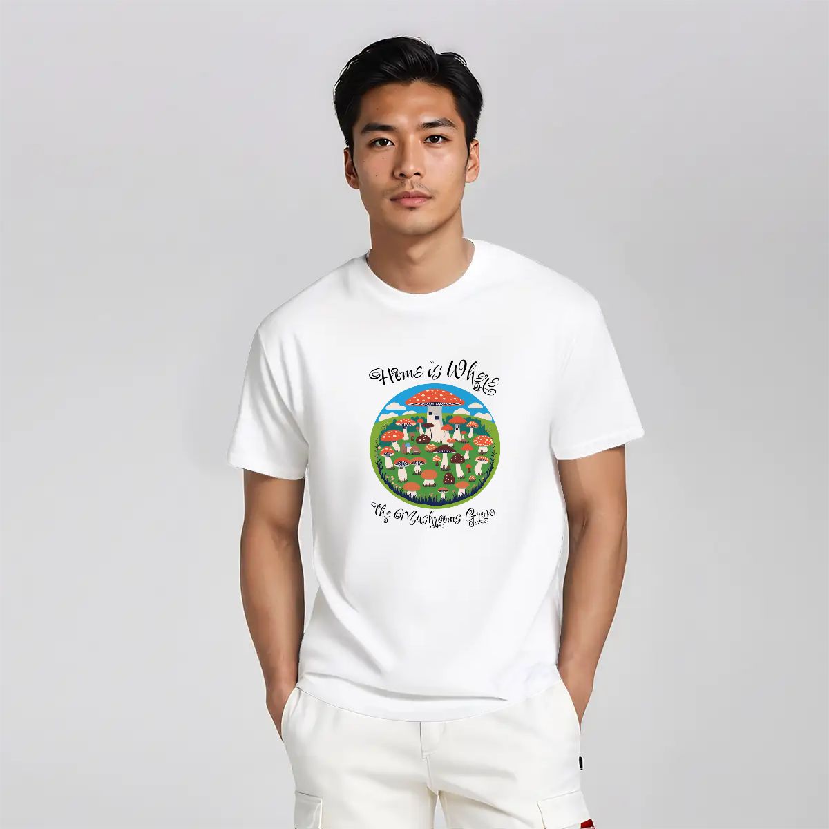 "Home is Where the Mushrooms Grow" Mushroom T-Shirt Version2 - Rabbit Haven