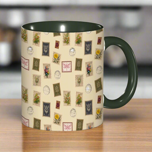 "Garden Postage"11oz Mug – Vintage Botanical Stamp Print on Cream | Floral Coffee Cup by Rabbit Haven