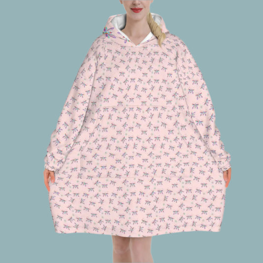 "Iridescent Flight" Pink Blanket Hoodie – Cozy Whimsical Loungewear with Dragonflies