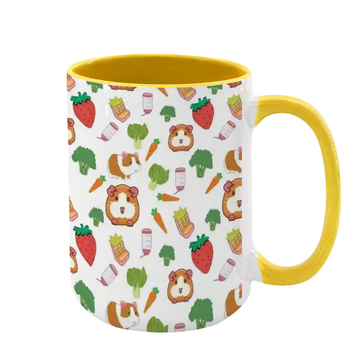 “Guinea Pig Picnic” 15oz Mug – Cute Guinea Pig, Veggies & Feeding Dishes Pattern, Large Coffee Cup, Pet Lover Gift