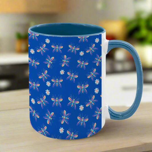 “Iridescent Flight” 15oz Mug – Dragonfly Print, Blue Background, Large Coffee Cup, Whimsical Nature Gift