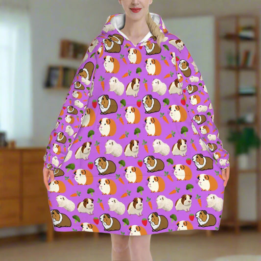 "Cavy Crew" Adult Blanket Hoodie – Purple Background, Cute Guinea Pig Print