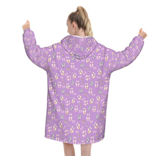"Bunny Tracks" Adult Blanket Hoodie – Lavender Background, Cute Rabbit Footprint Print
