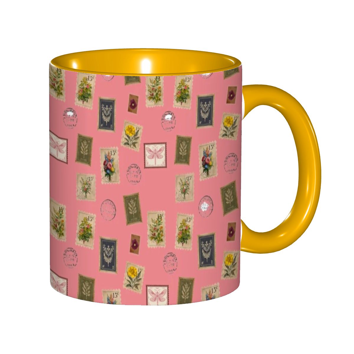 "Garden Postage"11oz Mug – Vintage Botanical Stamp Print on Pastel Rose | Floral Coffee Cup by Rabbit Haven