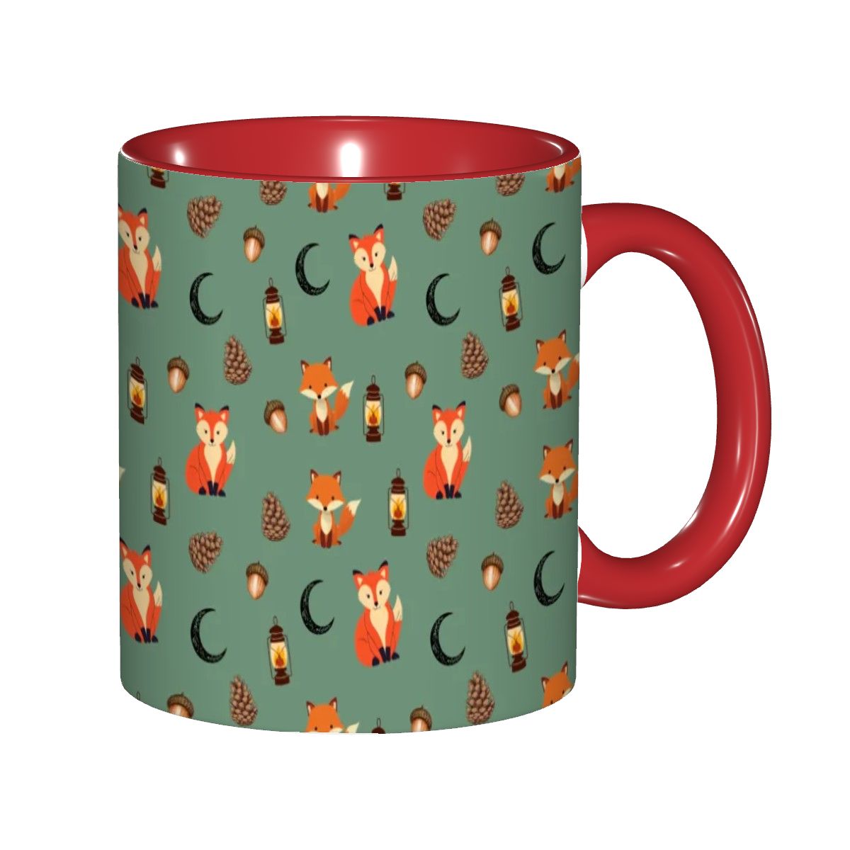 Foxlight Trail 11oz Mug – Whimsical Fox & Forest Lanterns on Muted Green | Woodland Coffee Cup by Rabbit Haven