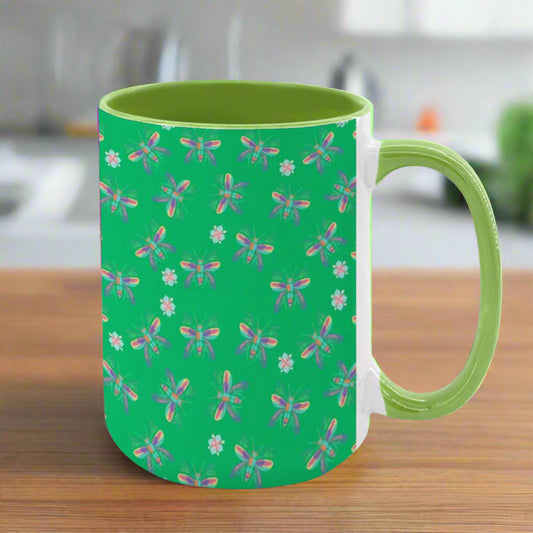 “Iridescent Flight” 15oz Mug – Dragonfly Print, Green Background, Large Coffee Cup, Whimsical Nature Gift