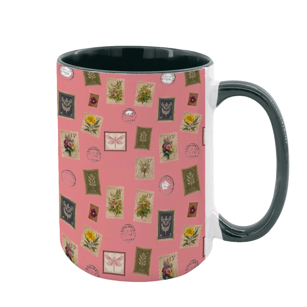 "Garden Postage" 15oz Mug – Vintage Botanical Stamp Print on Pastel Rose | Large Floral Coffee Cup by Rabbit Haven