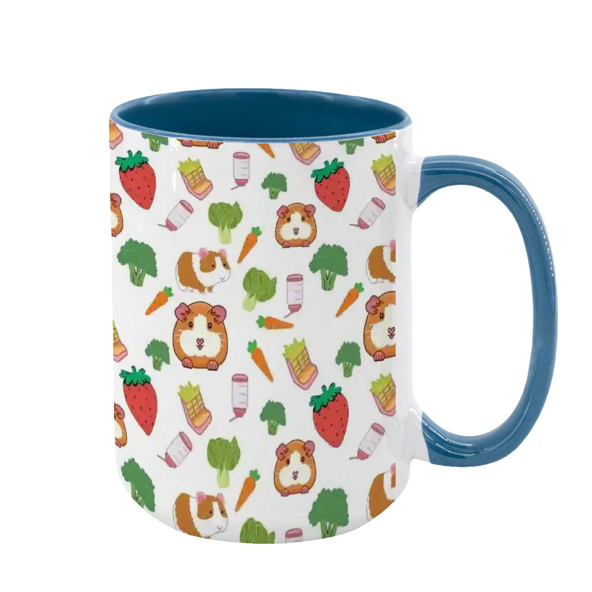 “Guinea Pig Picnic” 15oz Mug – Cute Guinea Pig, Veggies & Feeding Dishes Pattern, Large Coffee Cup, Pet Lover Gift