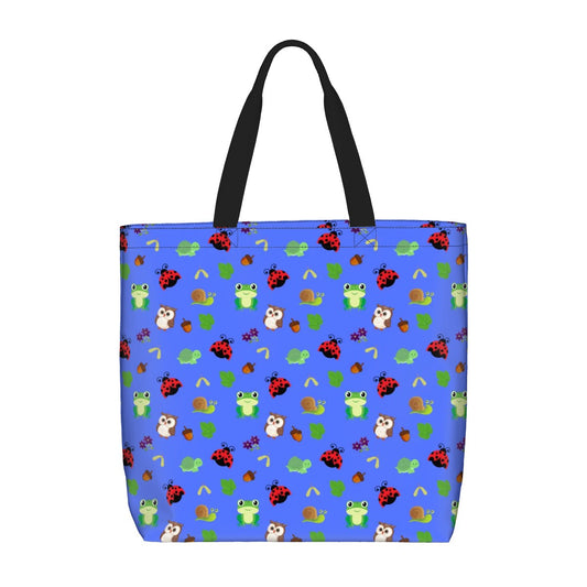 Forest Frolic Blue Shoulder Bag – Cute Woodland Animal All-Over Print Tote with Frogs, Ladybugs & More