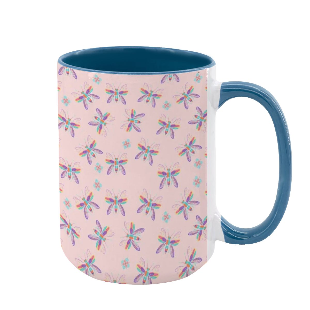 “Iridescent Flight” 15oz Mug – Dragonfly Print, Pink Background, Large Coffee Cup, Whimsical Nature Gift