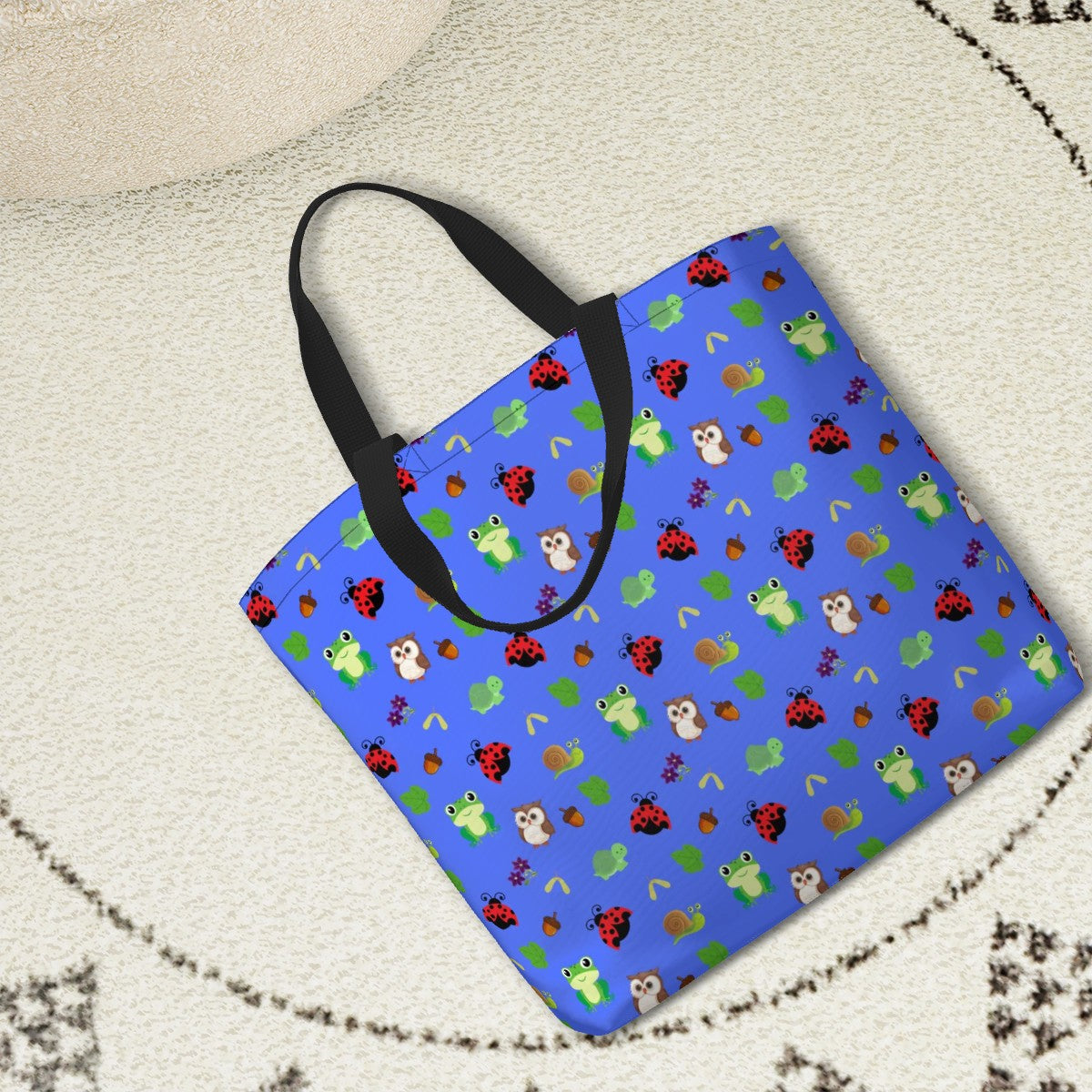 Forest Frolic Blue Shoulder Bag – Cute Woodland Animal All-Over Print Tote with Frogs, Ladybugs & More