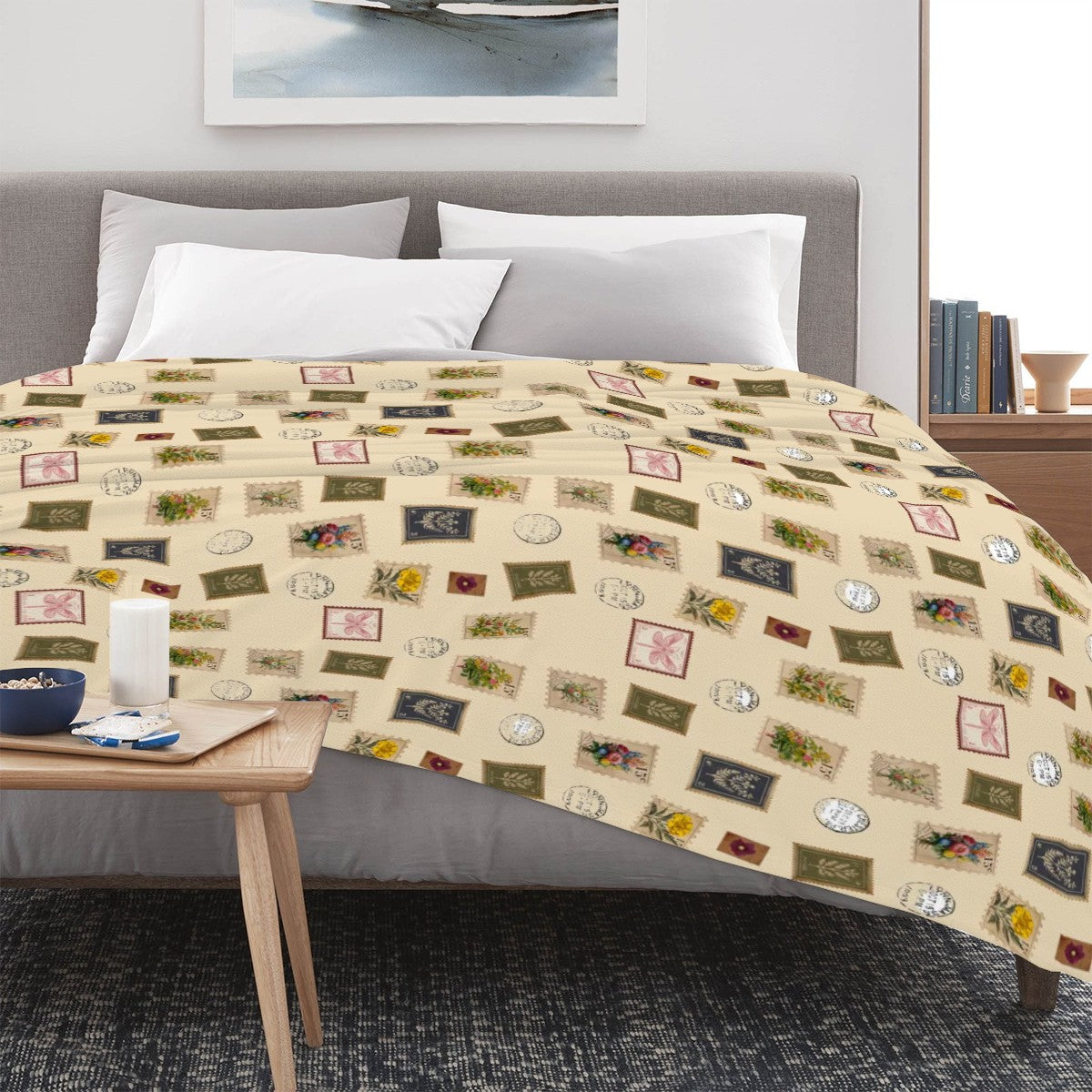 'Garden Postage" Blanket – Vintage Botanical Stamps on Cream | Cozy Floral Throw by Rabbit Haven