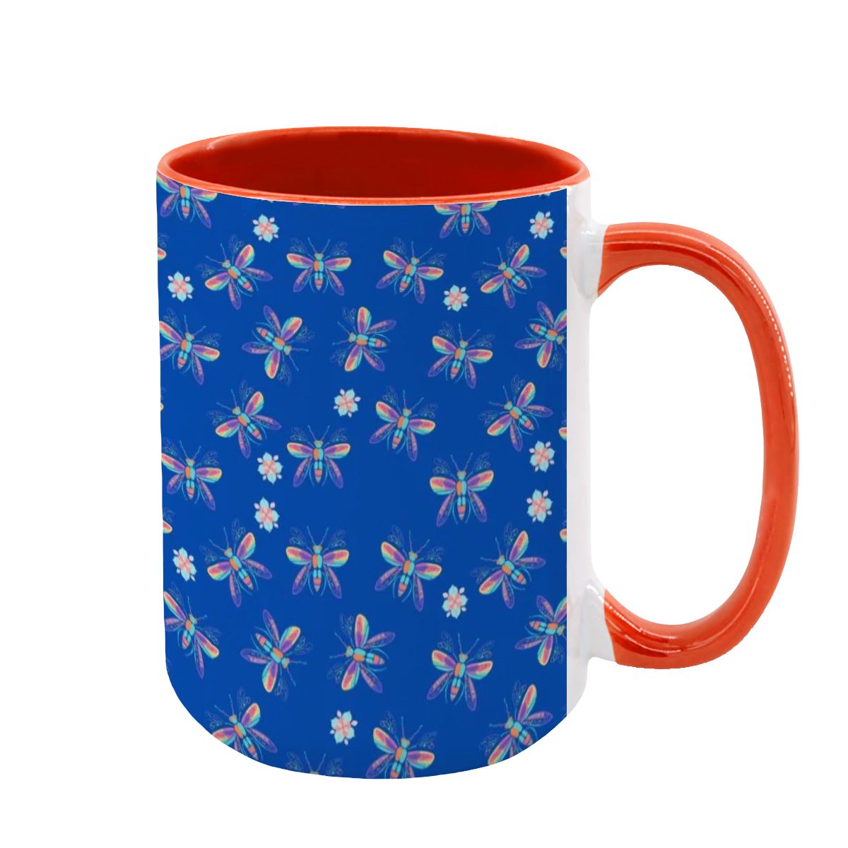 “Iridescent Flight” 15oz Mug – Dragonfly Print, Blue Background, Large Coffee Cup, Whimsical Nature Gift