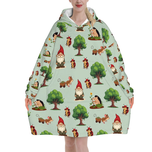 Gnome Folk & Friends Blanket Hoodie – Sage Green, Gnomes & Woodland Animals