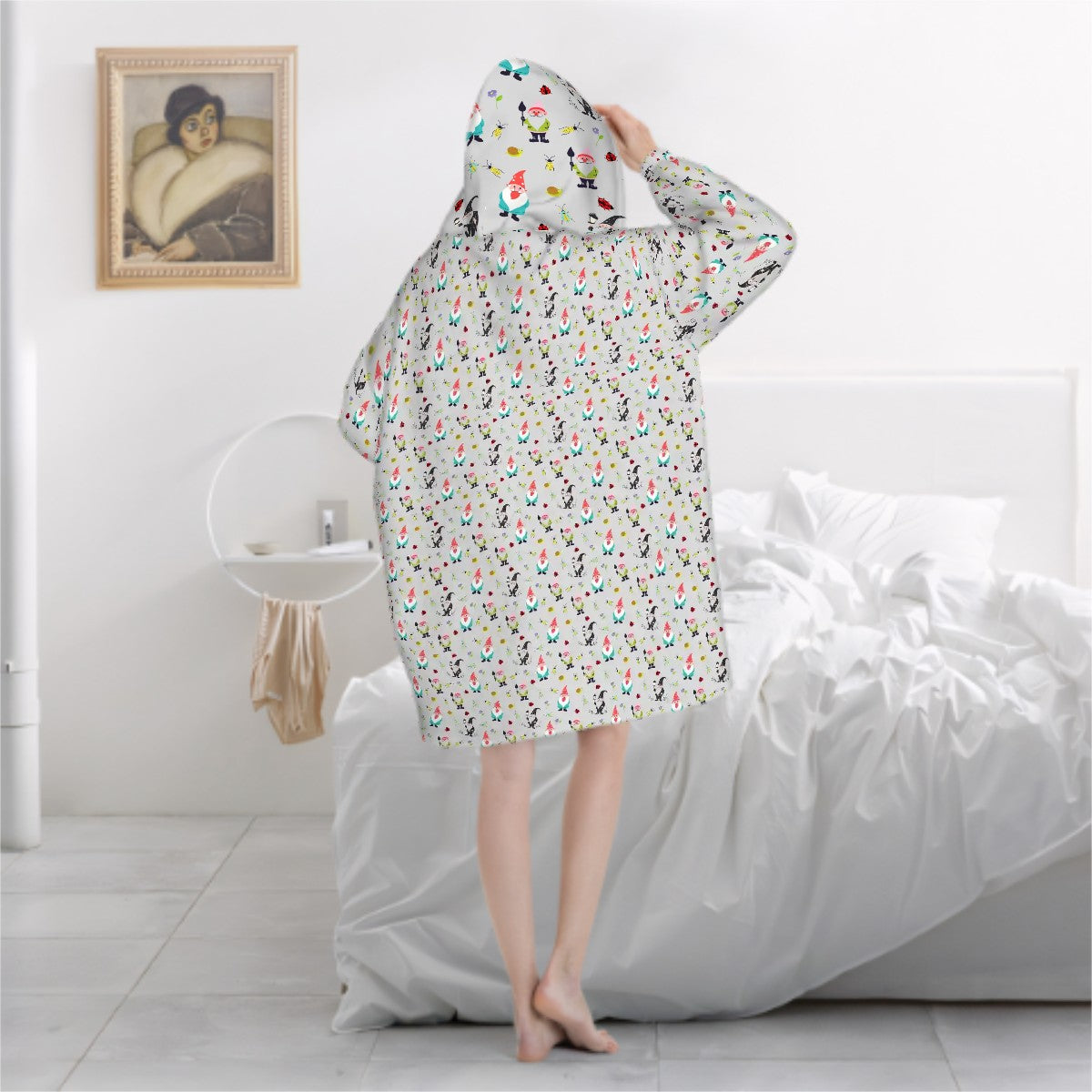 "Gnome Trails" Grey Blanket Hoodie – Cozy Whimsical Loungewear with Gnomes