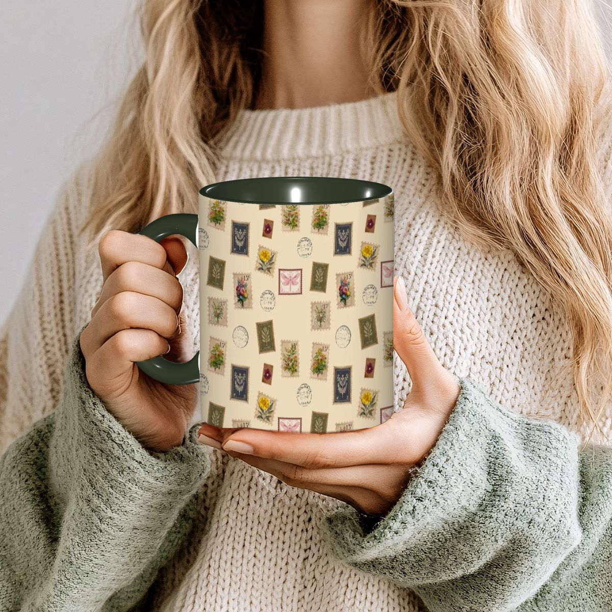 "Garden Postage"11oz Mug – Vintage Botanical Stamp Print on Cream | Floral Coffee Cup by Rabbit Haven