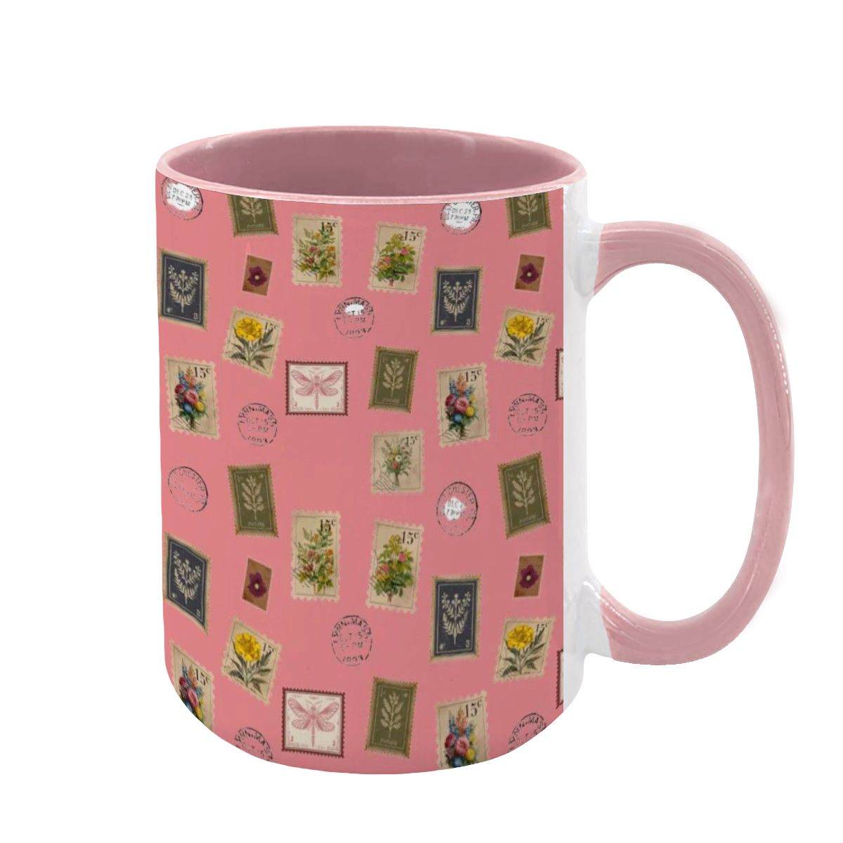 "Garden Postage" 15oz Mug – Vintage Botanical Stamp Print on Pastel Rose | Large Floral Coffee Cup by Rabbit Haven