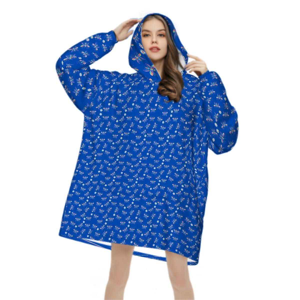 "Iridescent Flight" Blue Blanket Hoodie – Cozy Whimsical Loungewear with Dragonflies