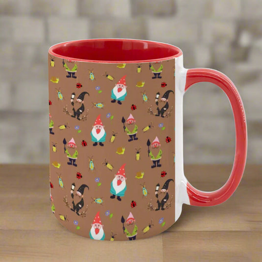 “Gnome Trails” 15oz Mug – Whimsical Gnome Pattern, Large Coffee Cup, Brown Background, Woodland Forest Gift