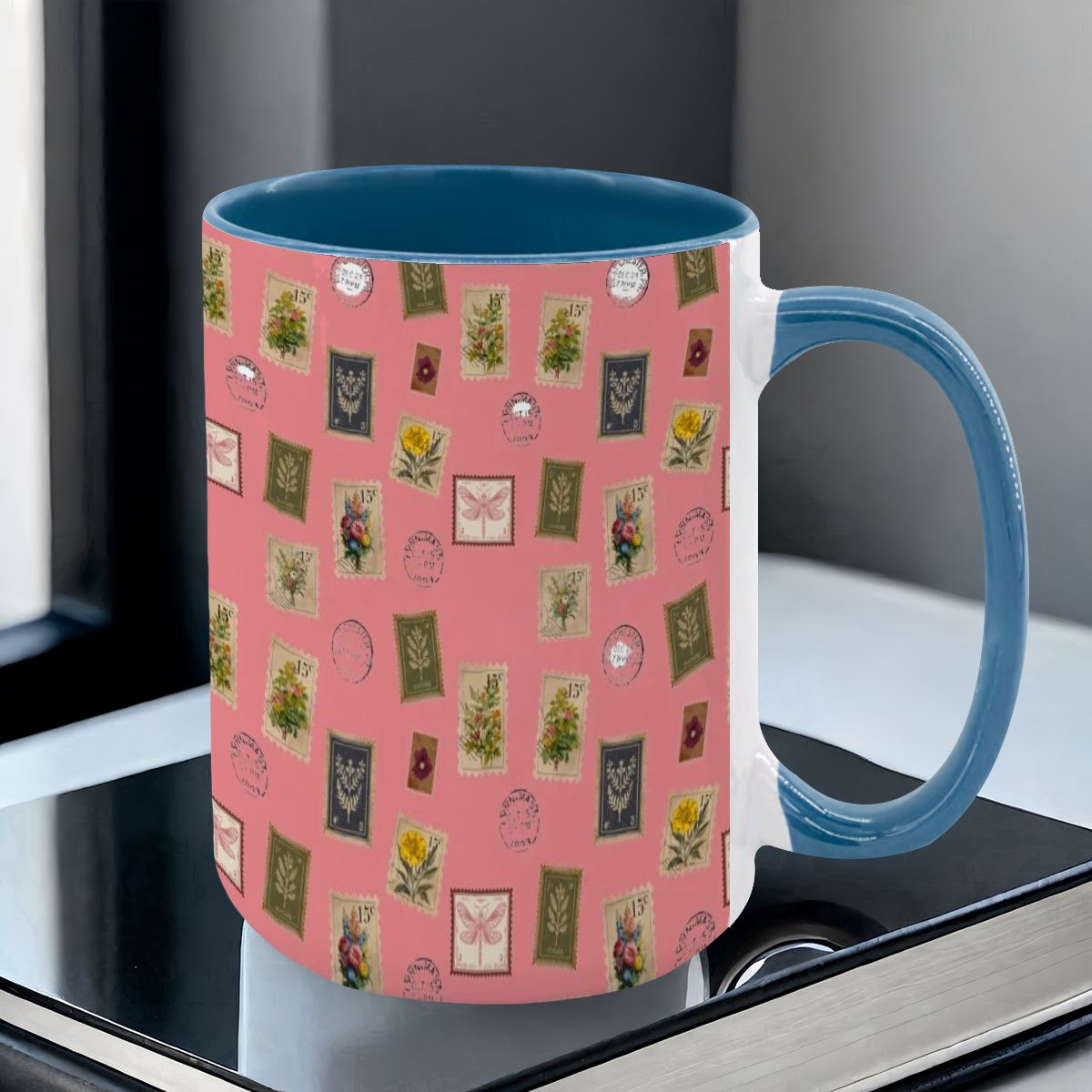 "Garden Postage" 15oz Mug – Vintage Botanical Stamp Print on Pastel Rose | Large Floral Coffee Cup by Rabbit Haven