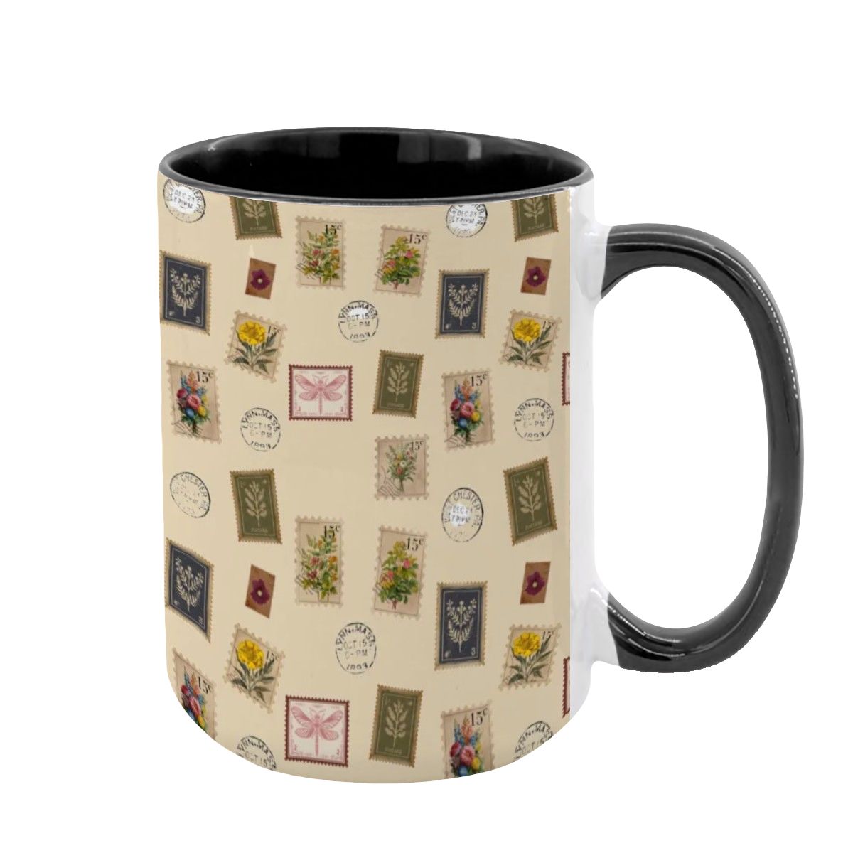 "Garden Postage" 15oz Mug – Vintage Botanical Stamp Print on Cream | Large Floral Coffee Cup by Rabbit Haven
