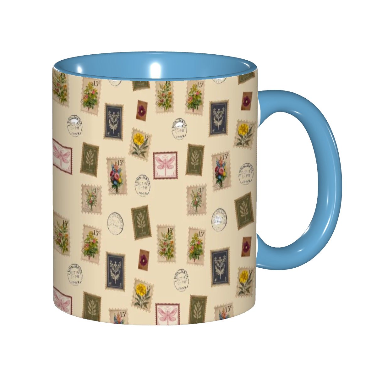 "Garden Postage"11oz Mug – Vintage Botanical Stamp Print on Cream | Floral Coffee Cup by Rabbit Haven